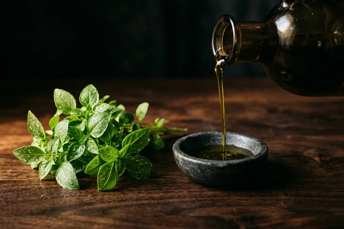 Un mazzetto di basilico a foglia piccola accanto a un'ampolla che versa un filo d'olio extravergine
