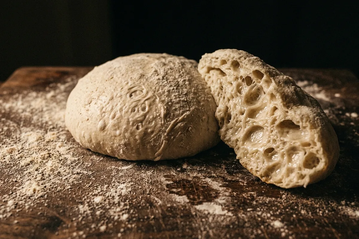 Panetto di impasto crudo infarinato con accanto un pezzo aperto a mostrare l'alveolatura