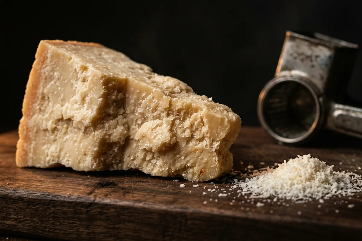 Un pezzo di Parmigiano Reggiano stagionato spezzato, con una manciata di grattato accanto