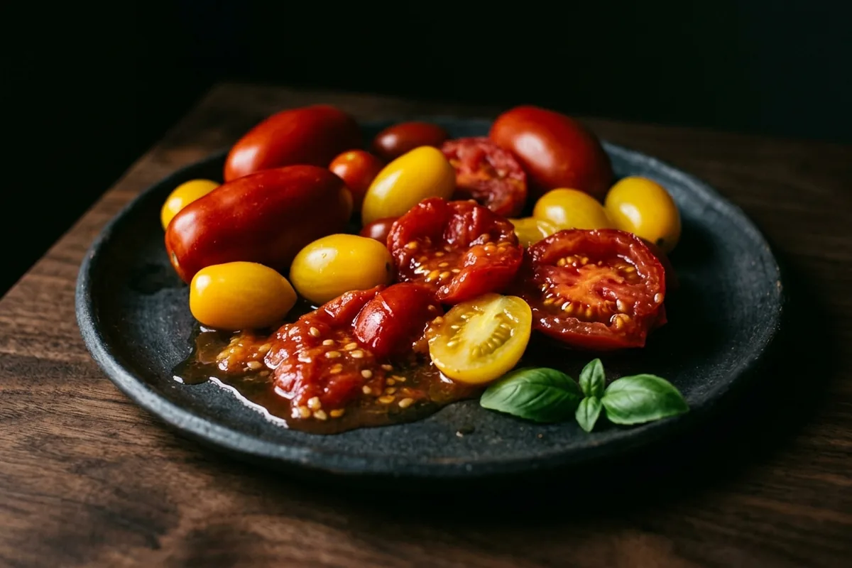 Pomodori San Marzano rossi e datterini gialli su un piatto scuro, alcuni schiacciati a mano